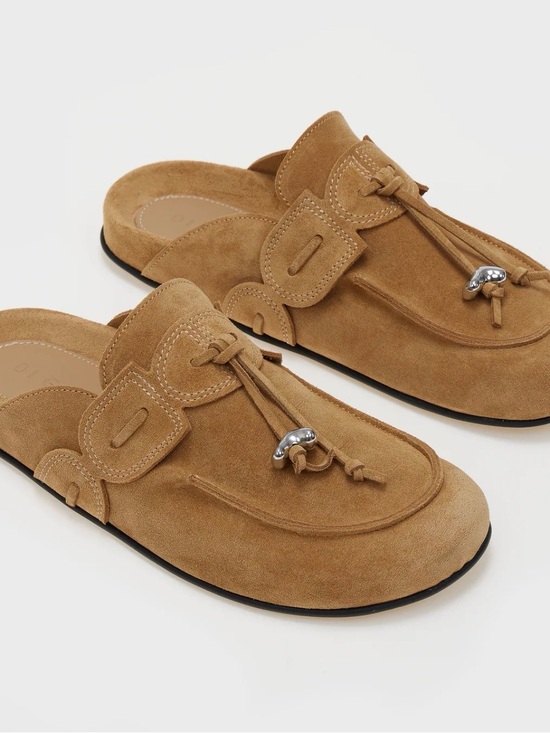 Di Gaia Shoes - Suede Tassel Backless Mules in Tan